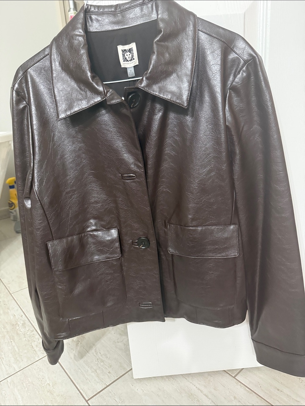 Anne Klein Dark Brown Faux Leather Button-Front Jacket nwt .. size M